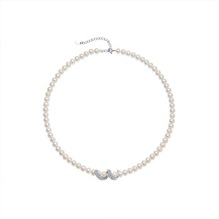 京润珍珠缎带之爱925银淡水珍珠项链5.3-6.3mm白色近圆形礼物女D