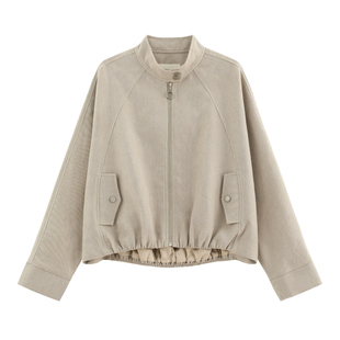 【栖林】专柜亚麻金丝线混纺斜纹 立体捏褶立领拉链夹克外套-4972