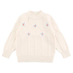 MOLIULIU儿童圆领套头毛衣女童羊绒衫中大童秋冬季刺绣纯白针织衫
