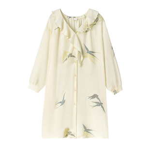 妮狄娅睡衣睡裙女春季纯棉纱布长袖甜美优雅开衫中长裙春秋家居服