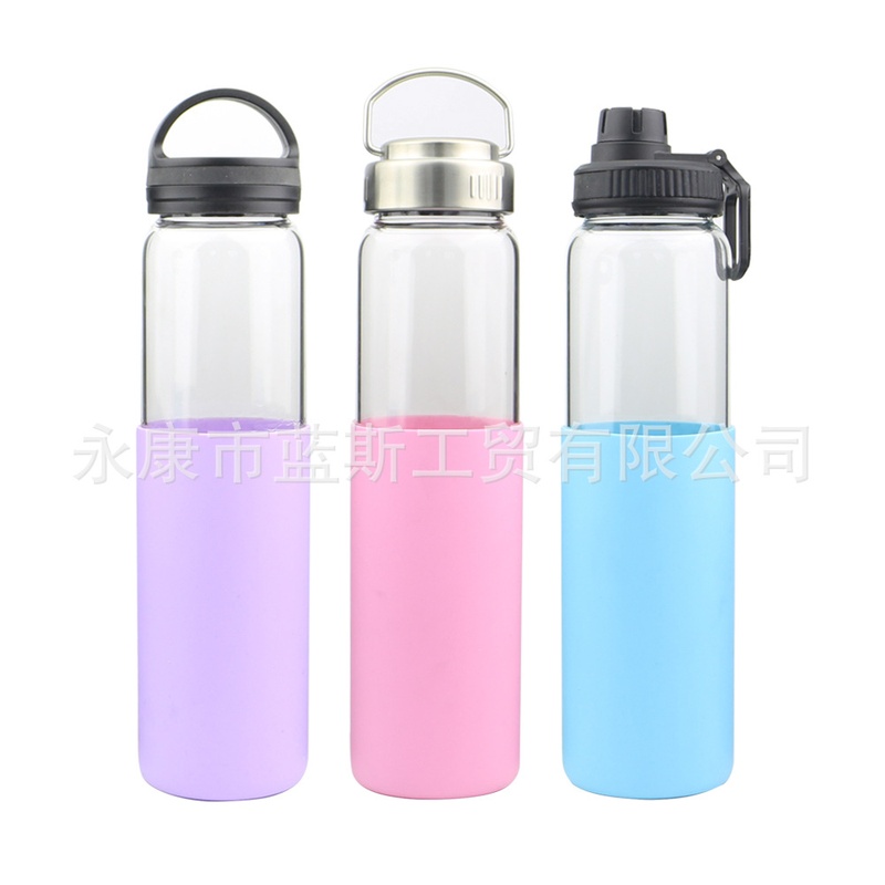实力工厂供应跨境大容量玻璃杯带硅胶套外贸宽口户外健身运动水壶