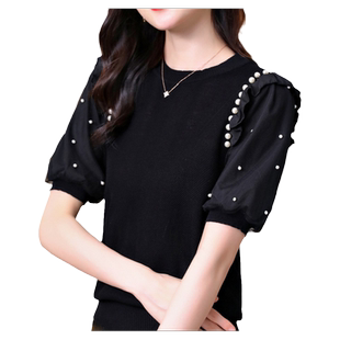 冰丝短袖t恤女2025夏新款年轻妈妈洋气雪纺袖拼接圆领针织衫上衣