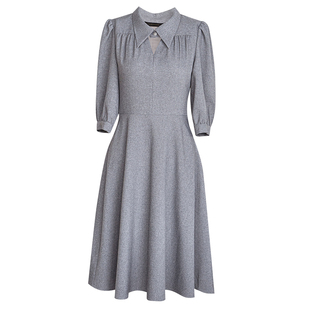 罗衣知性温柔风翻领褶皱大摆连衣裙女春通勤泡泡袖灰色中裙08135