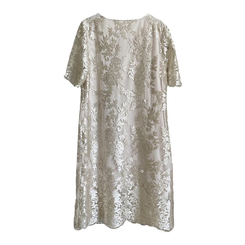 洋气妈妈夏装圆领中长款蕾丝刺绣连衣裙中年女装气质宽松显瘦裙子