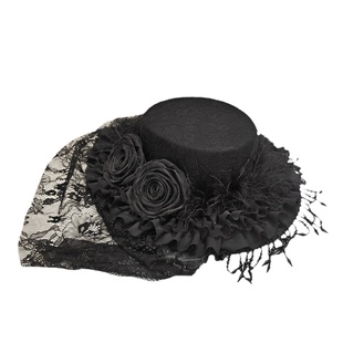 哥特风黑寡妇帽女洛丽塔珍珠流苏蕾丝面纱原创手作黑色平顶礼帽子