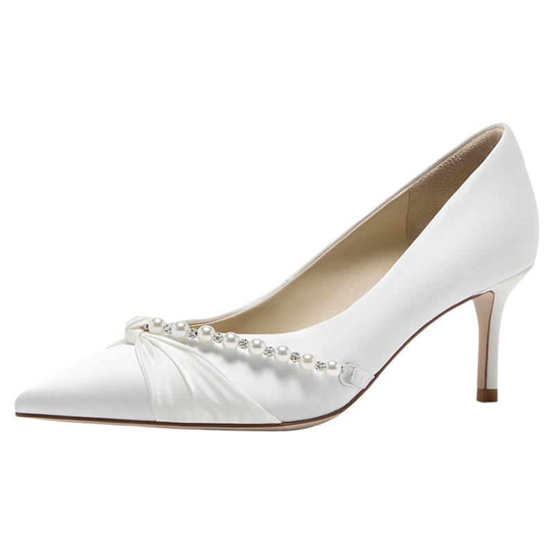 真丝缎面珍珠婚鞋秀禾婚纱两穿