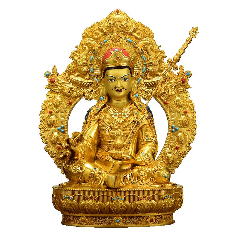 鎏金带背光莲花生铜像装饰品摆件