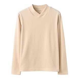 秋冬新中式V领纯色长袖t恤半高领德绒打底衫女装外穿内搭保暖上衣