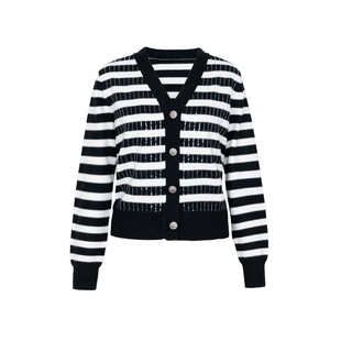 XG雪歌黑白色条纹亮片长袖针织衫2025冬季新款宽松休闲毛衣开衫女