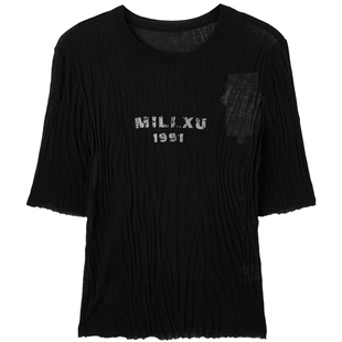 U/TI联名款黑色修身毛衫女装纯棉肌理感套头短袖尤缇2024秋季新款