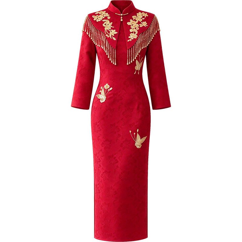 艾诗霓《栖蝶》新中式旗袍敬酒服订婚礼服新娘小个子秋冬长袖套装