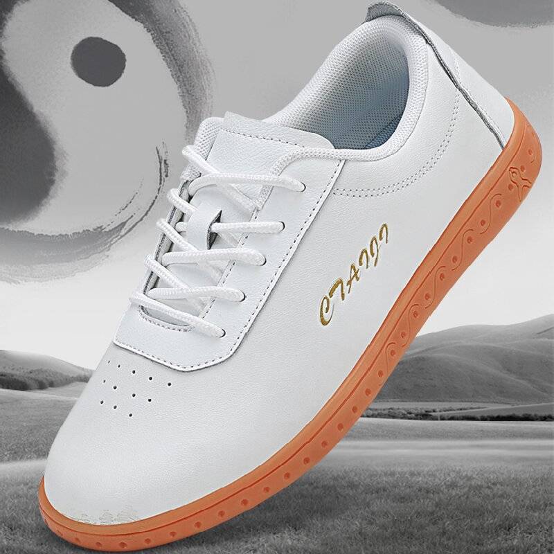 太极鞋男女皮面软底武术训练鞋太极拳练功鞋平底运动休闲鞋小白鞋