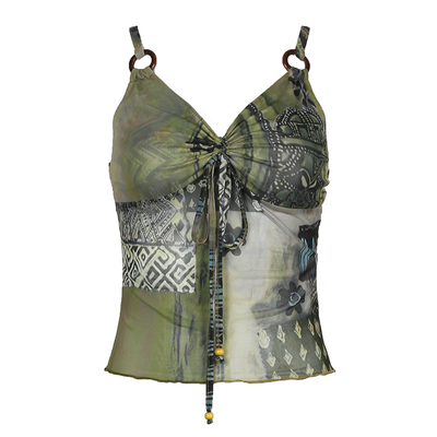 WEEKEEP 不对称复古印花绑带褶皱胸型网纱吊带背心女修身露腰百搭