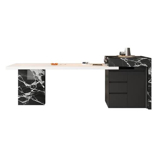 无忧岛宝格黑丽岩板岛台餐桌一体意式高级导台可伸缩定制储物倒台