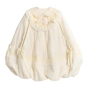 森女部落白色花苞棉服女上衣秋2026冬新款千金感斗篷可爱棉袄外套