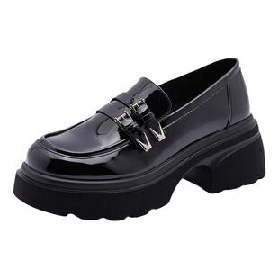 校园风向标^黑漆皮鞋厚底牛皮女士学生制服学院风增高搭扣乐福鞋