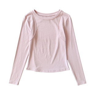 粉色薄款竹节棉长袖T恤女早秋新款圆领打底衫修身设计感正肩上衣