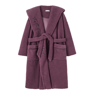 妮狄娅睡衣睡袍女冬季保暖半边绒连帽中长袍简约时尚休闲款家居服