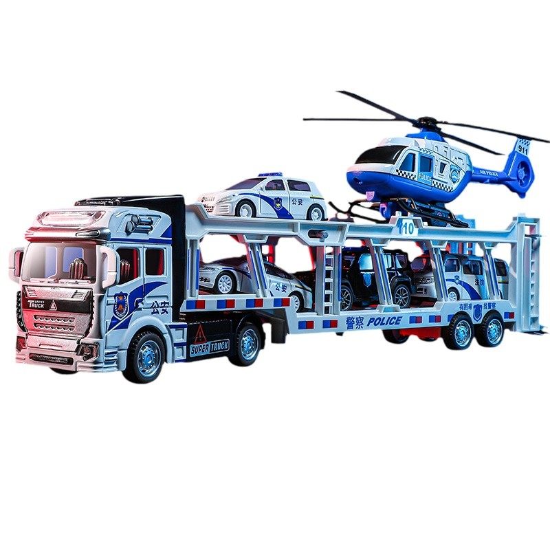 合金双层平板警车拖车玩具儿童男孩救援运输吊车大货卡车2026新款