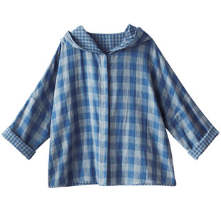 【春风曲】复古方格子薄款防晒外套女秋季纯棉宽松连帽衬衫两面穿
