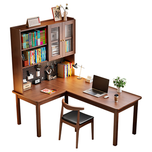 实木转角书桌家用卧室电脑桌书房工作台带书柜书架洞洞板一体靠墙