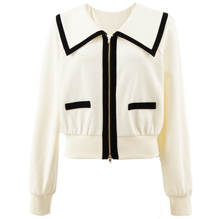 衣纱布菲萝春 娃娃领撞色短外套女新款春秋装收腰长袖米色上衣