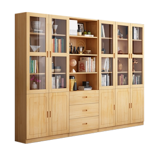 实木书柜一体到顶落地书架置物架带玻璃门储物柜家用整墙组合书橱