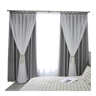 网红卧室遮光窗帘2026年新款客厅轻奢风北欧简约飘窗双层布纱一体