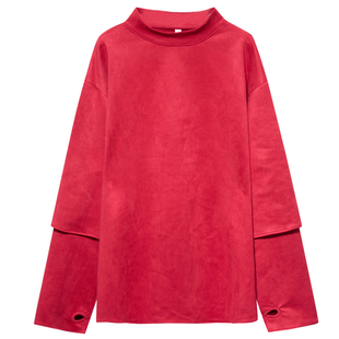 设计师新年红年会日系半高领山风长袖假两件卫衣男半高领打底衫