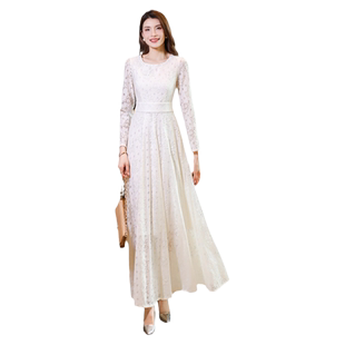白色长袖连衣裙女2024春秋新款高端蕾丝长款收腰大码显瘦气质长裙