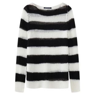 BM马海毛黑白条纹毛衣慵懒感宽松长袖薄款露肩显瘦镂空针织罩衫新