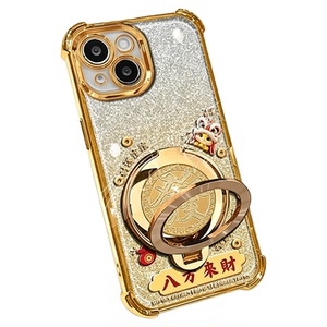 马年八方来财适用苹果15手机壳新款简约iPhone16/13/14外壳金色闪卡硅胶防摔多功能支架苹果17Pro手机套女款