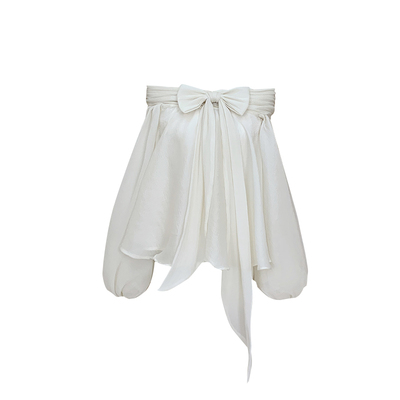 Lazy Didi罗马假日 苍兰香梦幻不规则上衣一字肩气质蝴蝶结泡泡袖