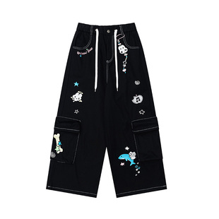 ZRSEE 黑色卡通刺绣工装裤女2026春季新款多口袋宽松百搭休闲裤子