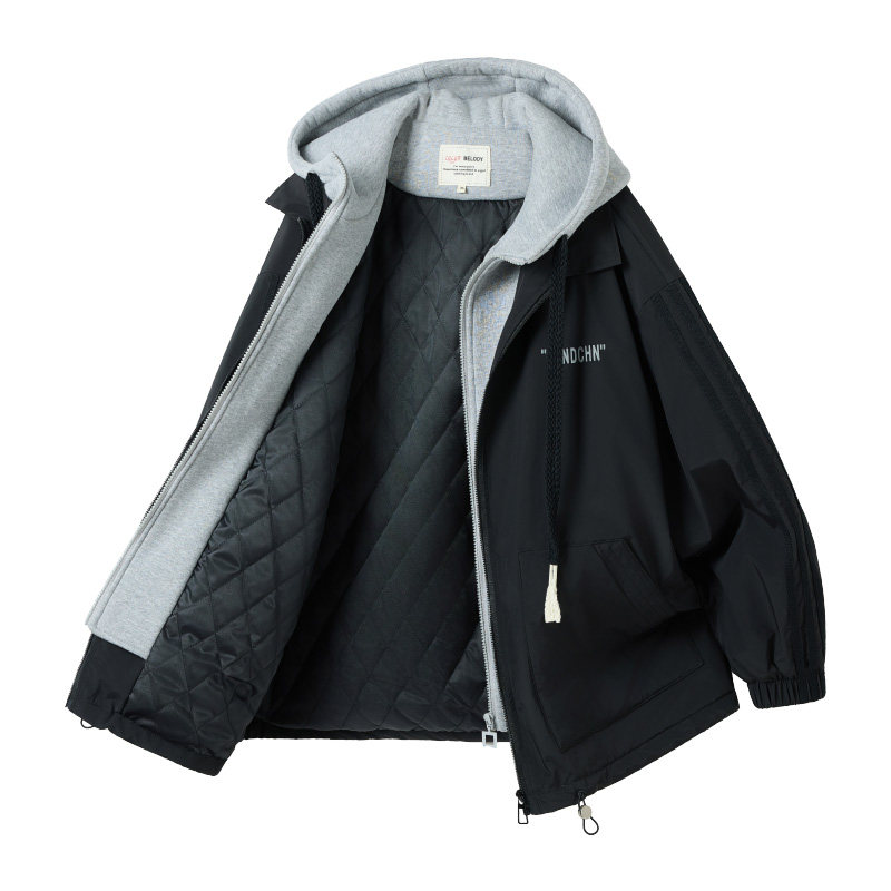 学生加绒外套女黑色套装加厚棉服