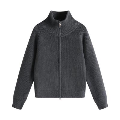 班尼路灰色立领拉链开衫毛衣女秋新款韩系简约百搭修身显瘦外套Q