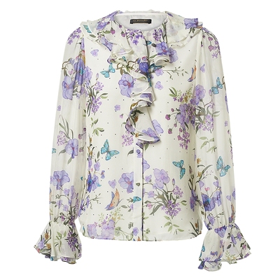 【桑蚕丝】La Koradior拉珂蒂春季新款法式印花真丝花边领小衫女