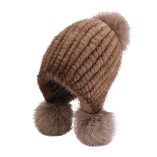 新款水貂皮草女帽子冬季貂毛编织女士狐狸毛球保暖护耳加厚冬天帽