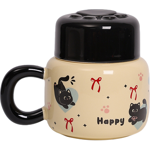 猫咪马克杯带盖创意迷你水壶杯陶瓷喝水杯子女士办公室咖啡杯礼物