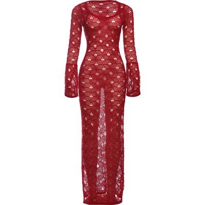 sexy针织镂空透视感长袖连衣裙女