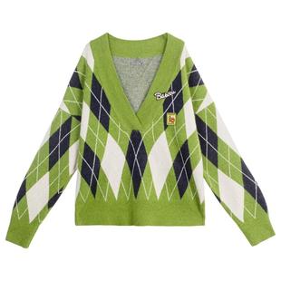 KEIKO 高知风菱格提花针织衫25秋冬叠搭学院风绿色宽松大V领毛衣