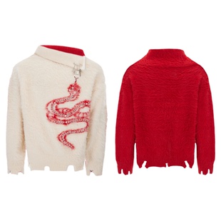 ArguECulturE冬灵 小众防貂毛蛇年珍珠点缀毛衣高领毛绒软糯上衣