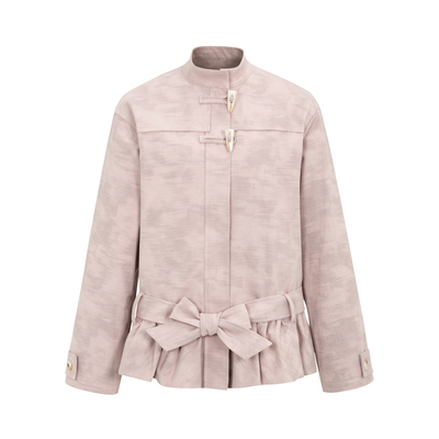 dorydory 粉紫色牛角扣立领花苞外套女秋冬新款短款系带收腰高级