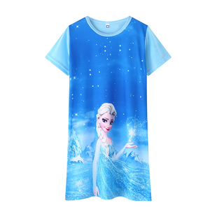 女童睡衣夏季冰雪奇缘艾莎公主薄款短袖小女孩中大童睡裙棉家居服