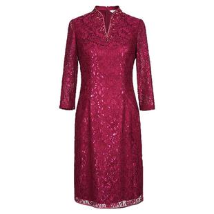 简爱诺喜庆连衣裙女V领钉珠新中式红色旗袍婚宴礼服裙J2370001LQ