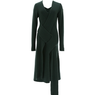 【商场同款】玛丝菲尔秋季新款墨绿色山羊绒不对称针织连衣裙