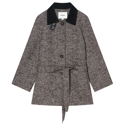 COVERINS深咖色老钱风羊毛外套女灯芯绒翻领夹克CC35310110