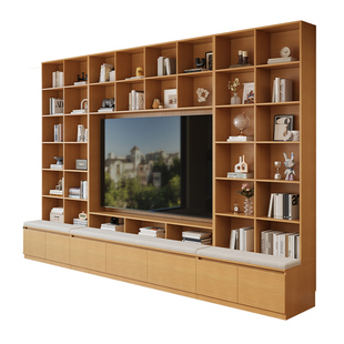 定制实木卡座书柜一体客厅整墙书架电视柜背景墙落地组合储物展示
