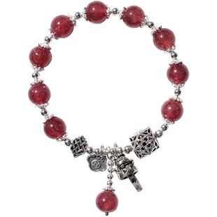 草莓晶手链女天然茶晶手串粉水晶手链烟晶鸽血红 纯银送生日礼物