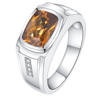 天然巴西黄水晶925银潮男戒指镀金高级感设计时尚个性定制刻字